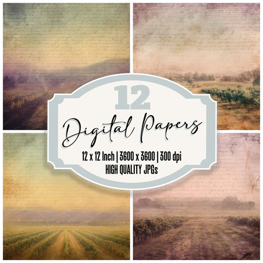 Old Vineyard Sunset Path Scene digital paper pack designed for background pages in junk journaling and paper craft projects