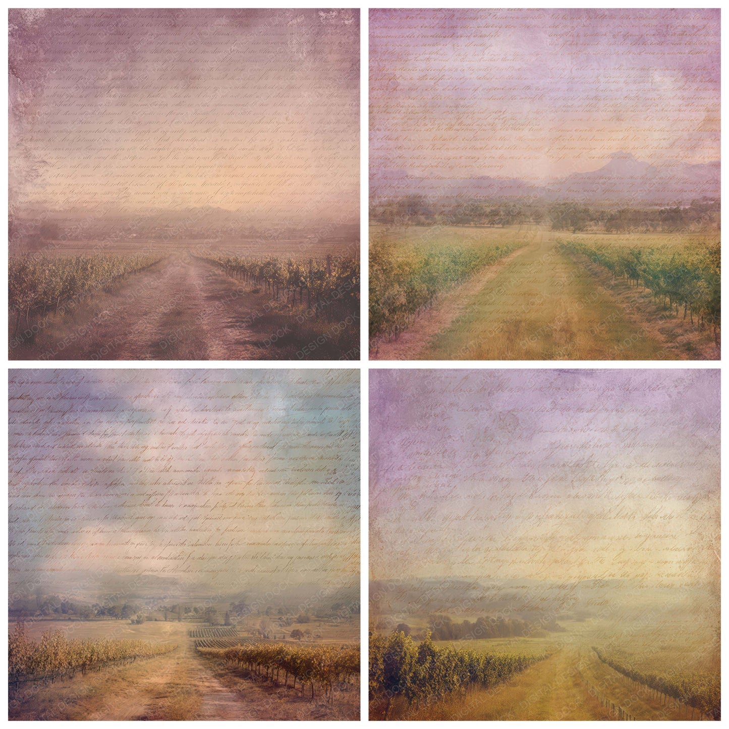 Preview layout showing Old Vineyard Sunset Path Scene papers arranged as background pages for junk journals and mixed media crafts