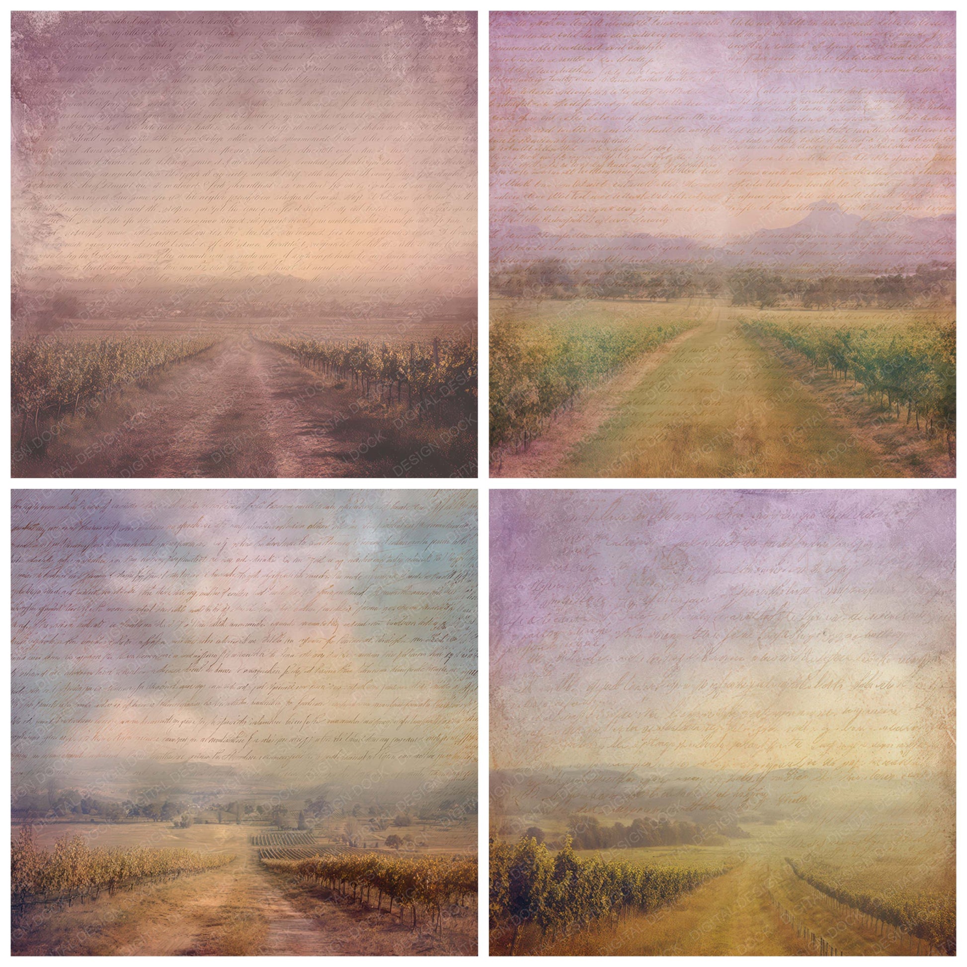 Preview layout showing Old Vineyard Sunset Path Scene papers arranged as background pages for junk journals and mixed media crafts