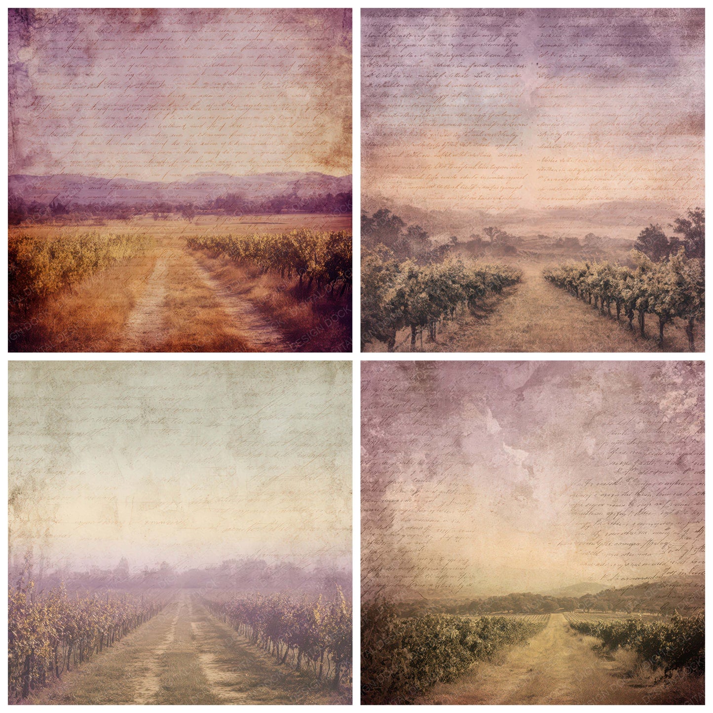 Close view of Old Vineyard Sunset Path Scene background papers highlighting collage composition and cohesive colour tones