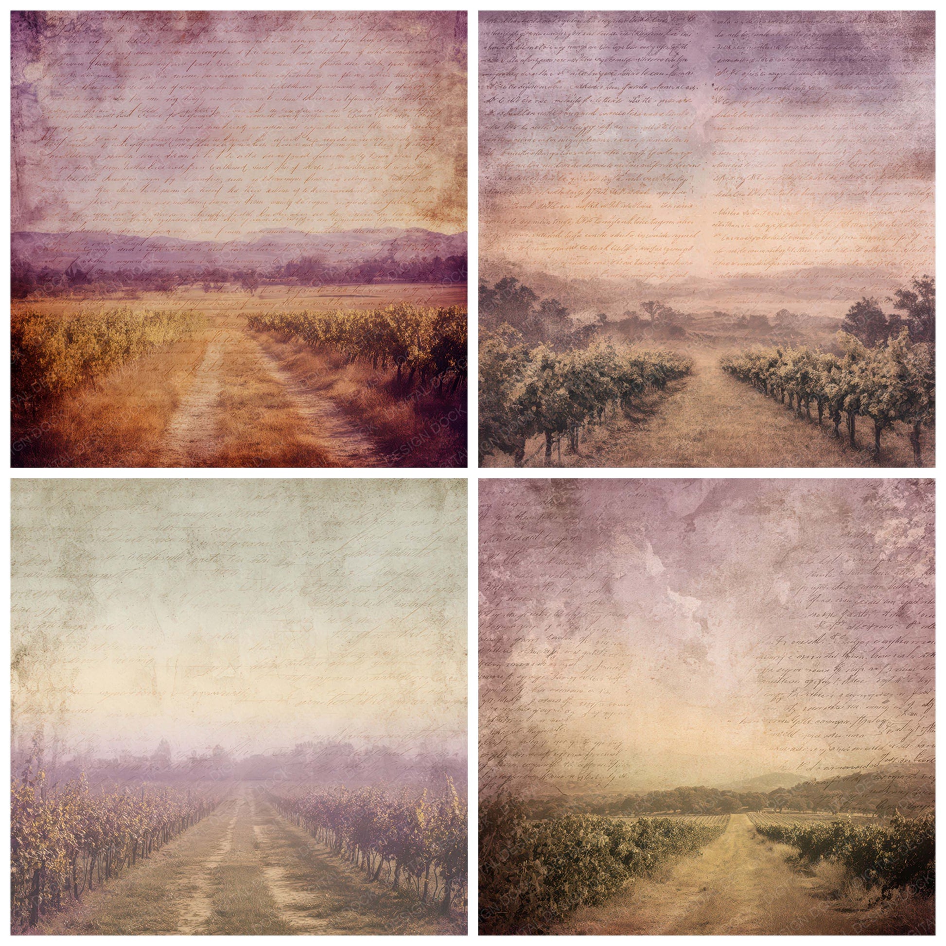 Close view of Old Vineyard Sunset Path Scene background papers highlighting collage composition and cohesive colour tones