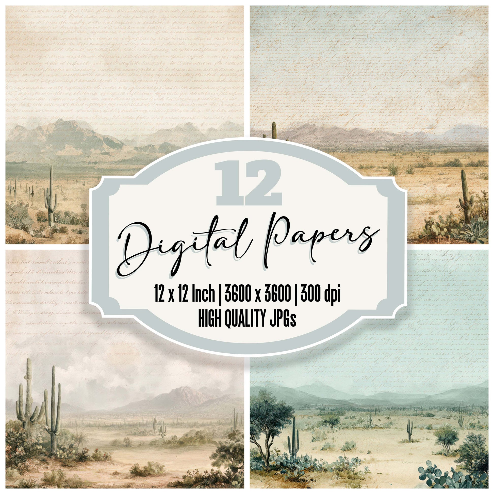 Vintage Desert Cactus Scene digital paper pack designed for background pages in junk journaling and paper craft projects