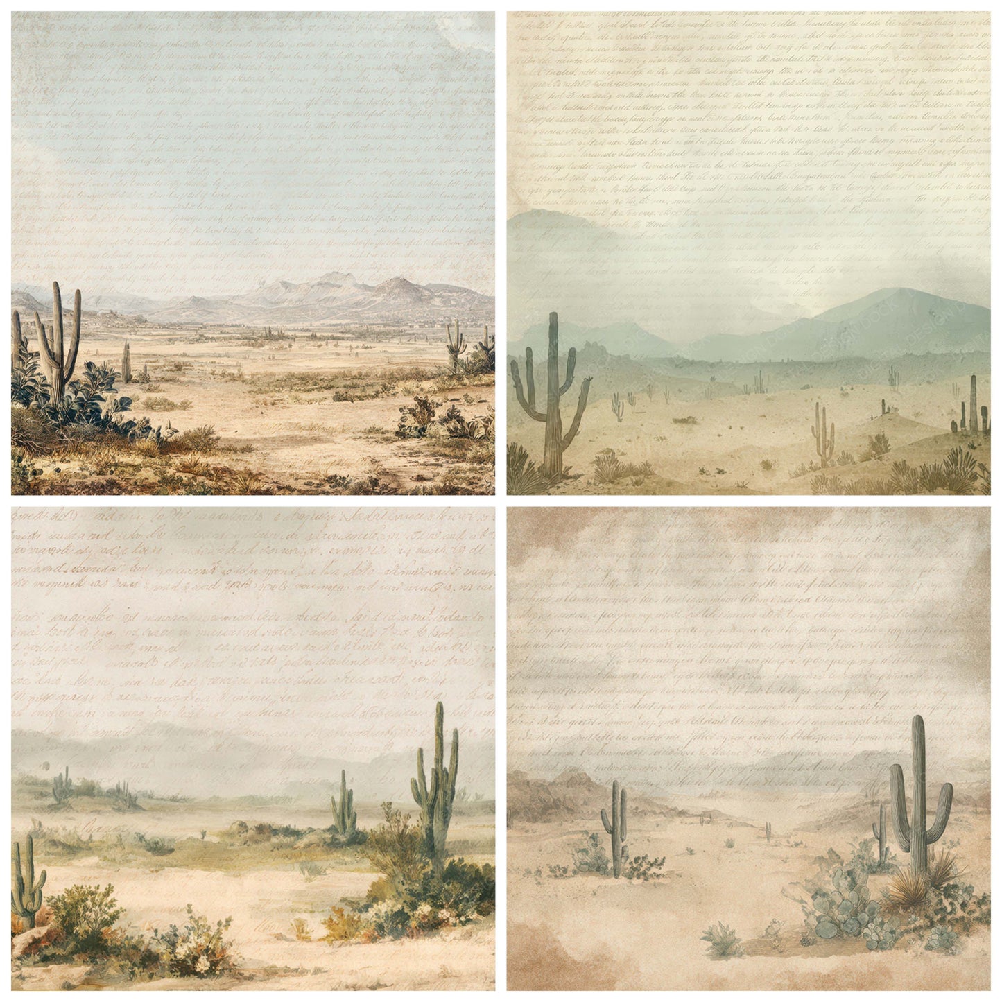 Preview layout showing Vintage Desert Cactus Scene papers arranged as background pages for junk journals and mixed media crafts