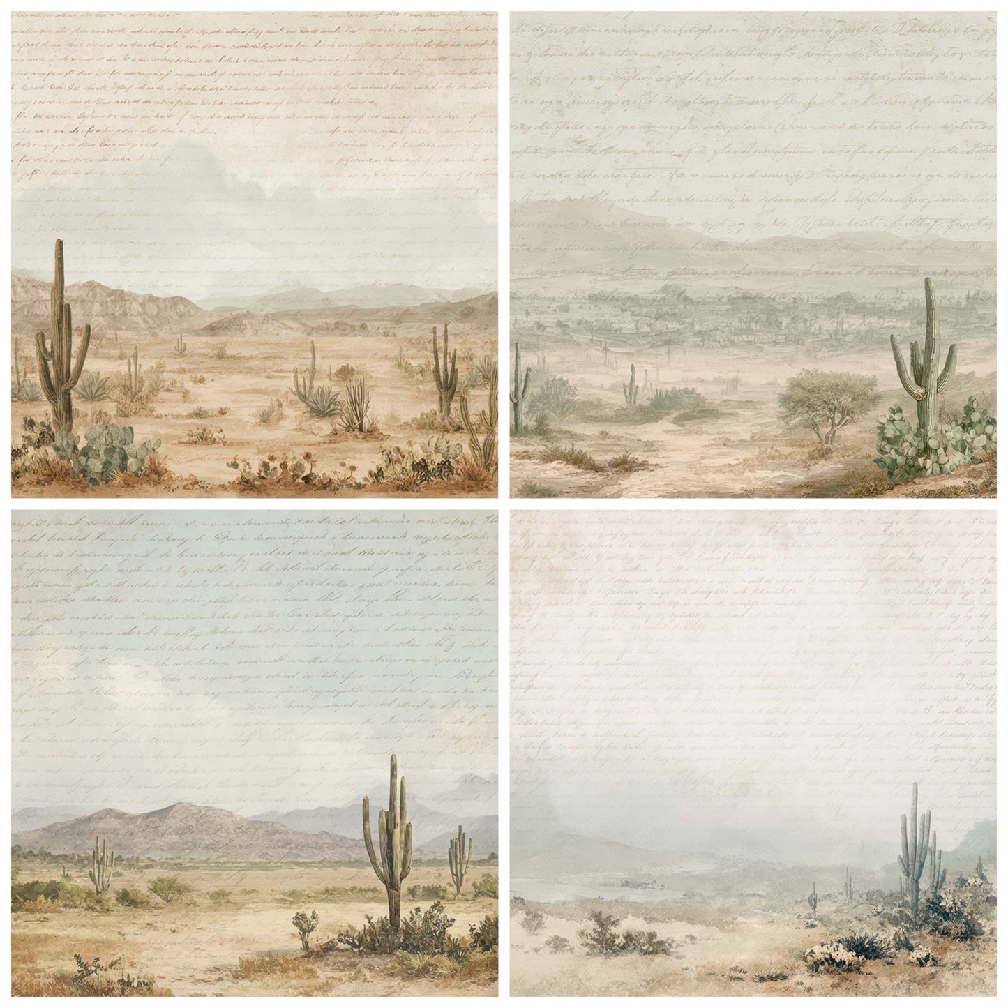Close view of Vintage Desert Cactus Scene background papers highlighting collage composition and cohesive colour tones