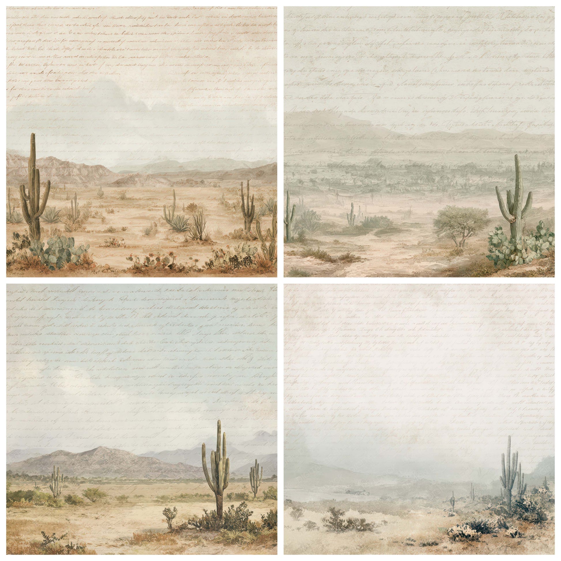 Close view of Vintage Desert Cactus Scene background papers highlighting collage composition and cohesive colour tones