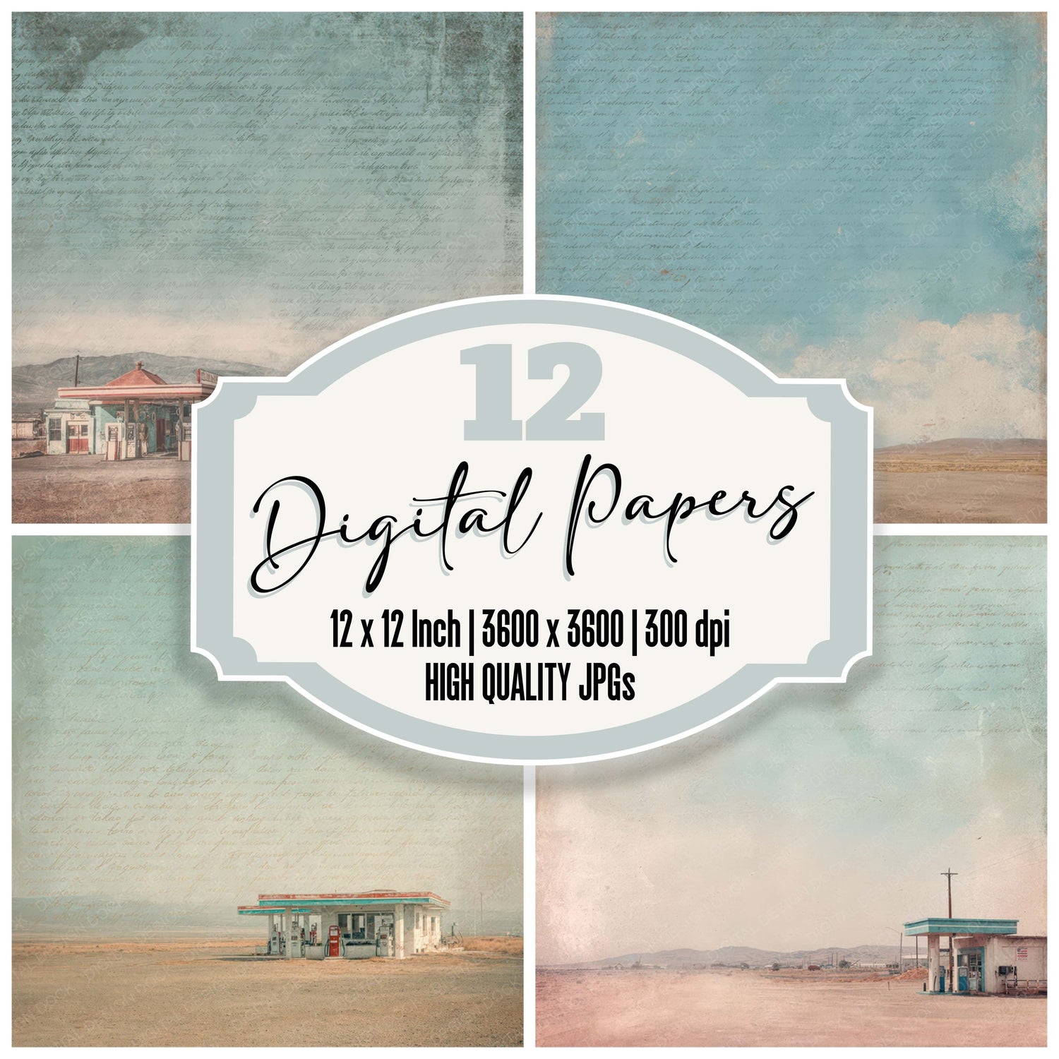 Vintage Desert Gas Station Scene digital paper pack designed for background pages in junk journaling and paper craft projects