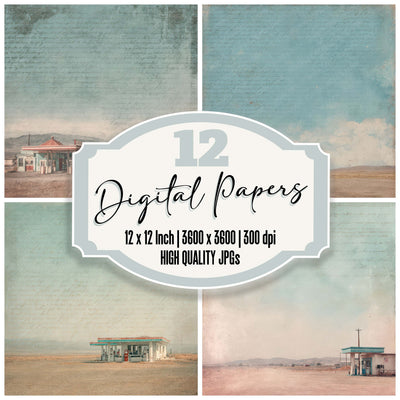 Vintage Desert Gas Station Scene digital paper pack designed for background pages in junk journaling and paper craft projects