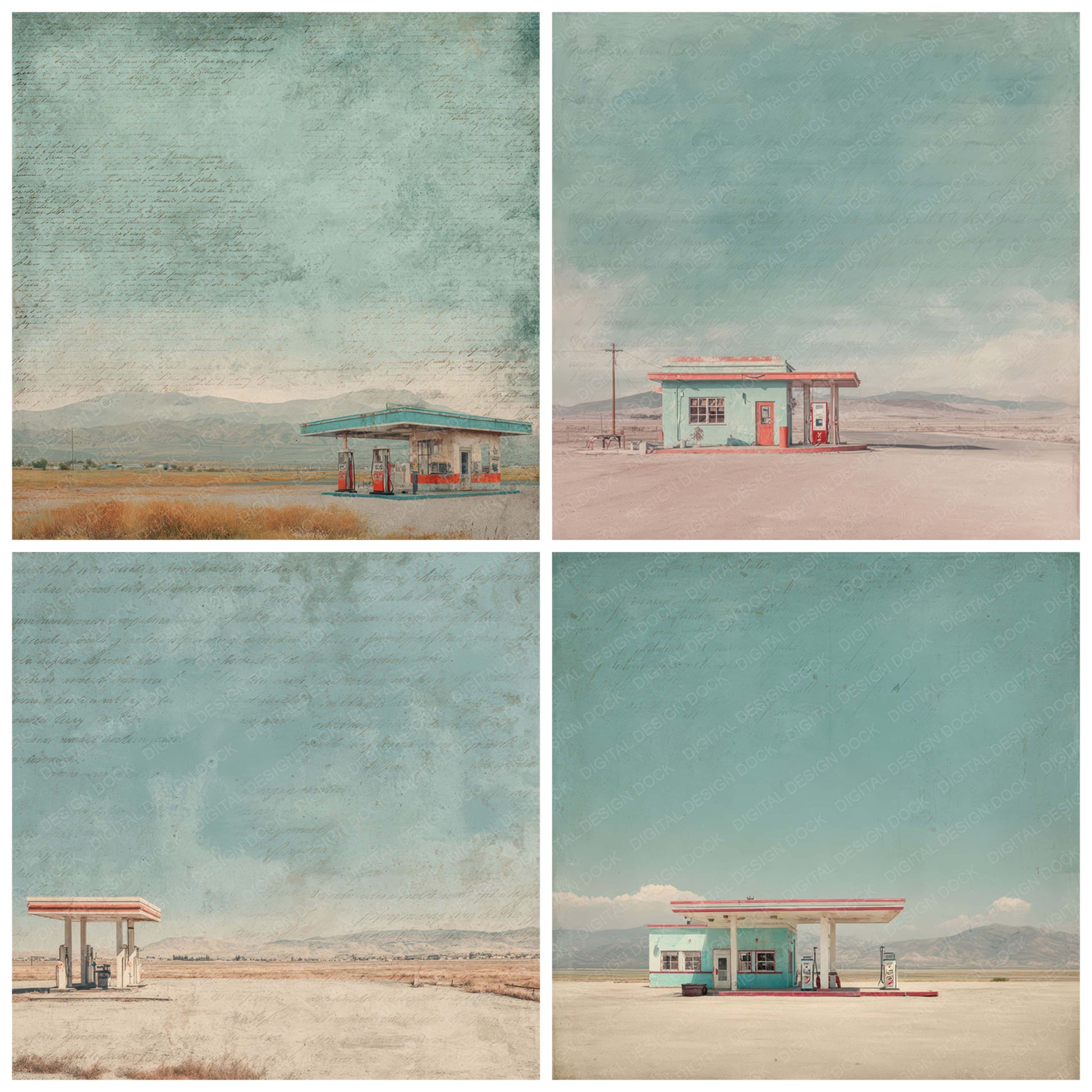 Preview layout showing Vintage Desert Gas Station Scene papers arranged as background pages for junk journals and mixed media crafts