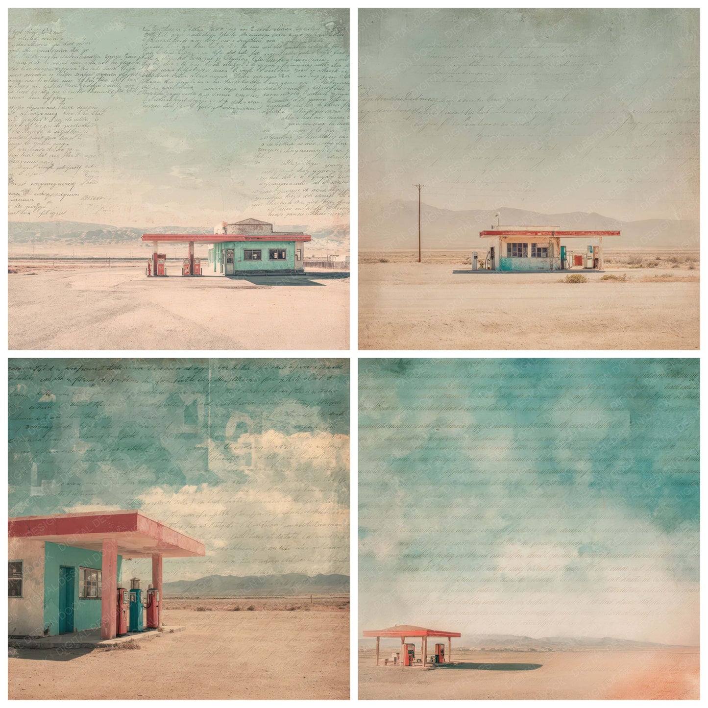 Close view of Vintage Desert Gas Station Scene background papers highlighting collage composition and cohesive colour tones