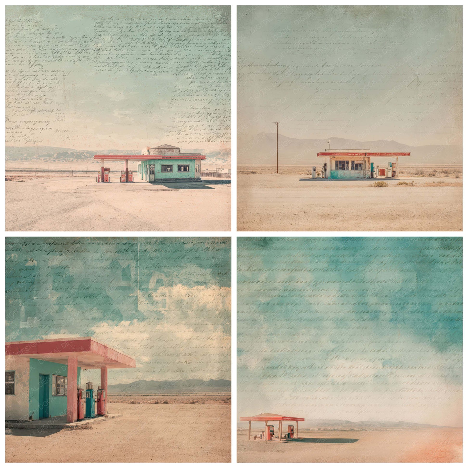 Close view of Vintage Desert Gas Station Scene background papers highlighting collage composition and cohesive colour tones