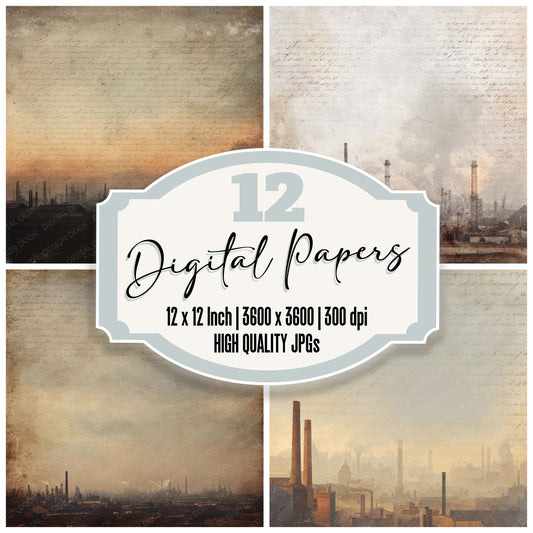 Vintage Factory Skyline Scene digital paper pack designed for background pages in junk journaling and paper craft projects