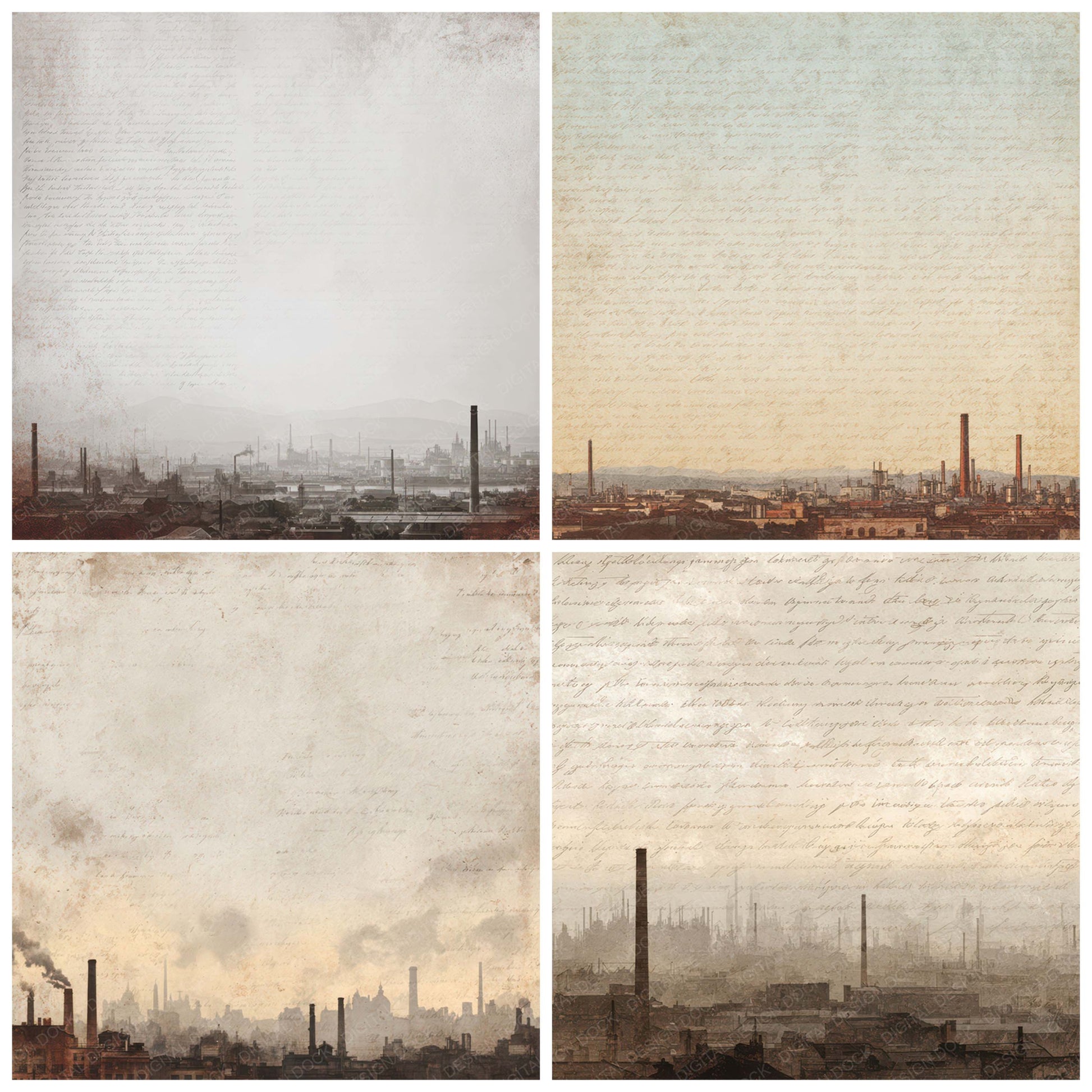 Preview layout showing Vintage Factory Skyline Scene papers arranged as background pages for junk journals and mixed media crafts