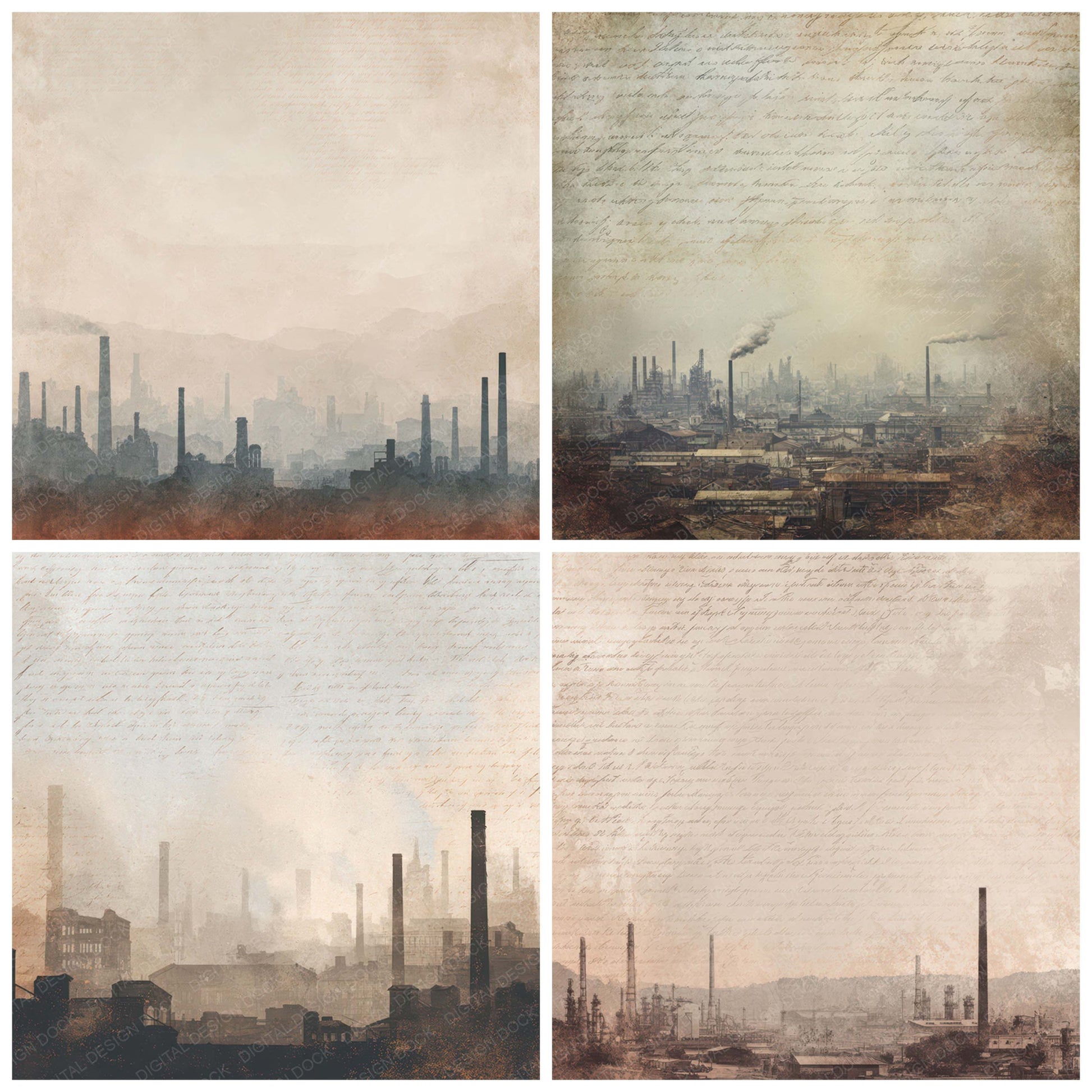 Close view of Vintage Factory Skyline Scene background papers highlighting collage composition and cohesive colour tones