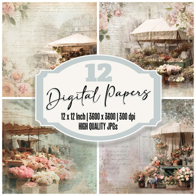 Vintage Flower Market Stall Scene digital paper pack designed for background pages in junk journaling and paper craft projects