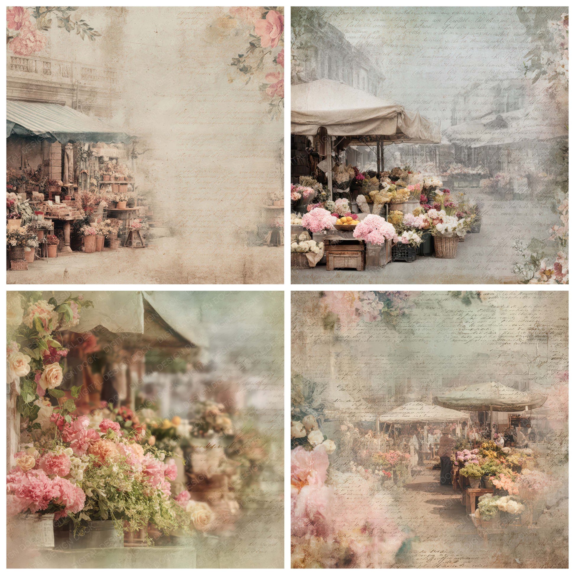 Preview layout showing Vintage Flower Market Stall Scene papers arranged as background pages for junk journals and mixed media crafts