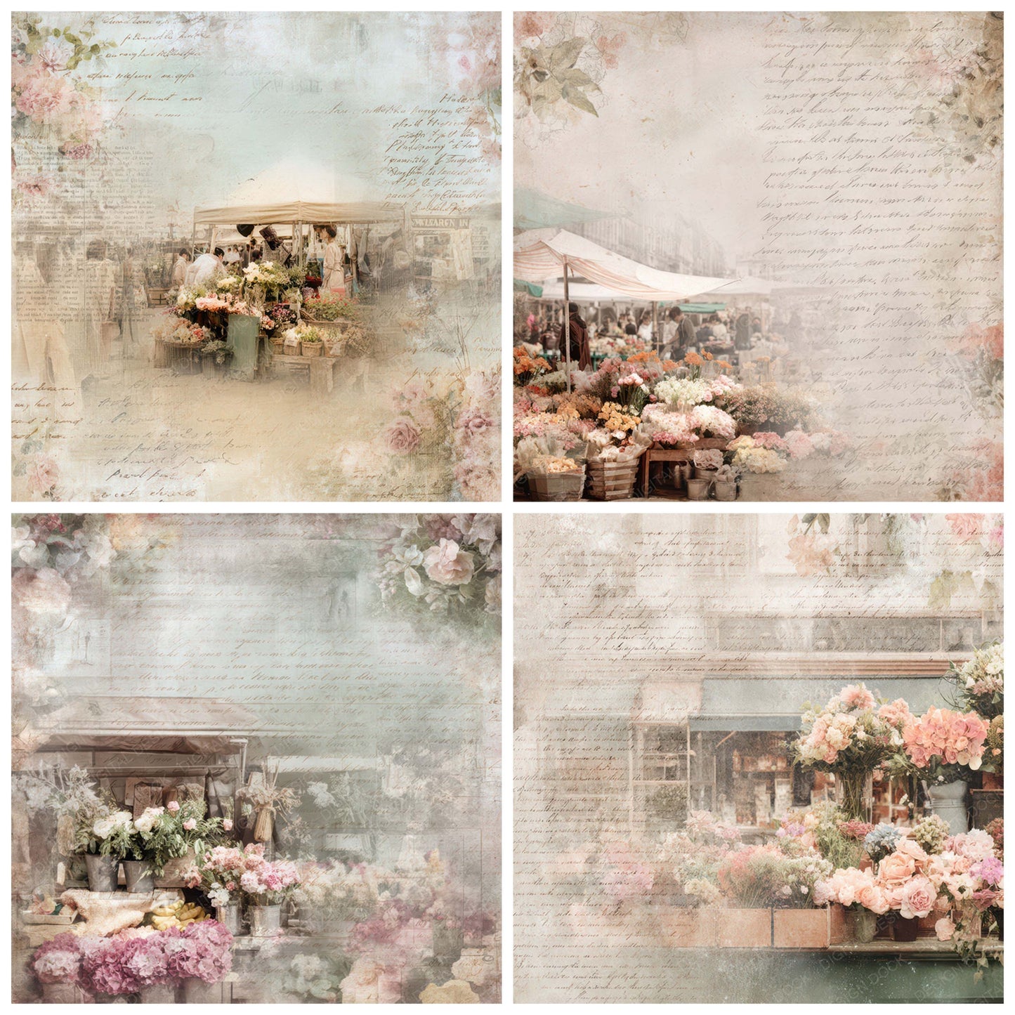 Close view of Vintage Flower Market Stall Scene background papers highlighting collage composition and cohesive colour tones