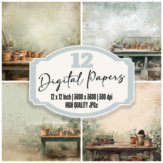 Vintage Greenhouse Potting Bench Scene digital paper pack designed for background pages in junk journaling and paper craft projects