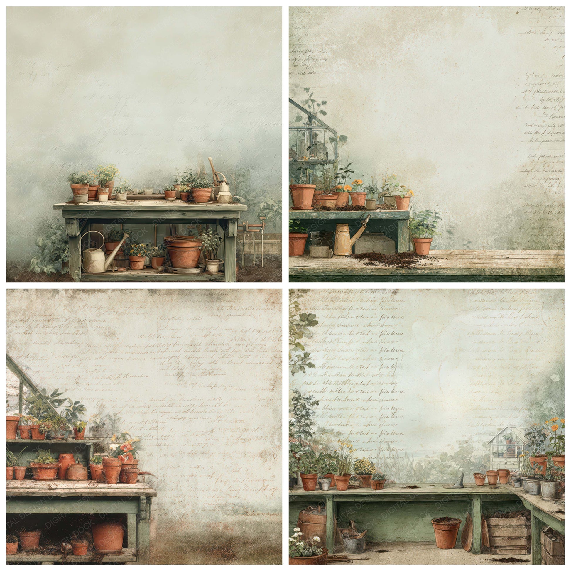 Preview layout showing Vintage Greenhouse Potting Bench Scene papers arranged as background pages for junk journals and mixed media crafts