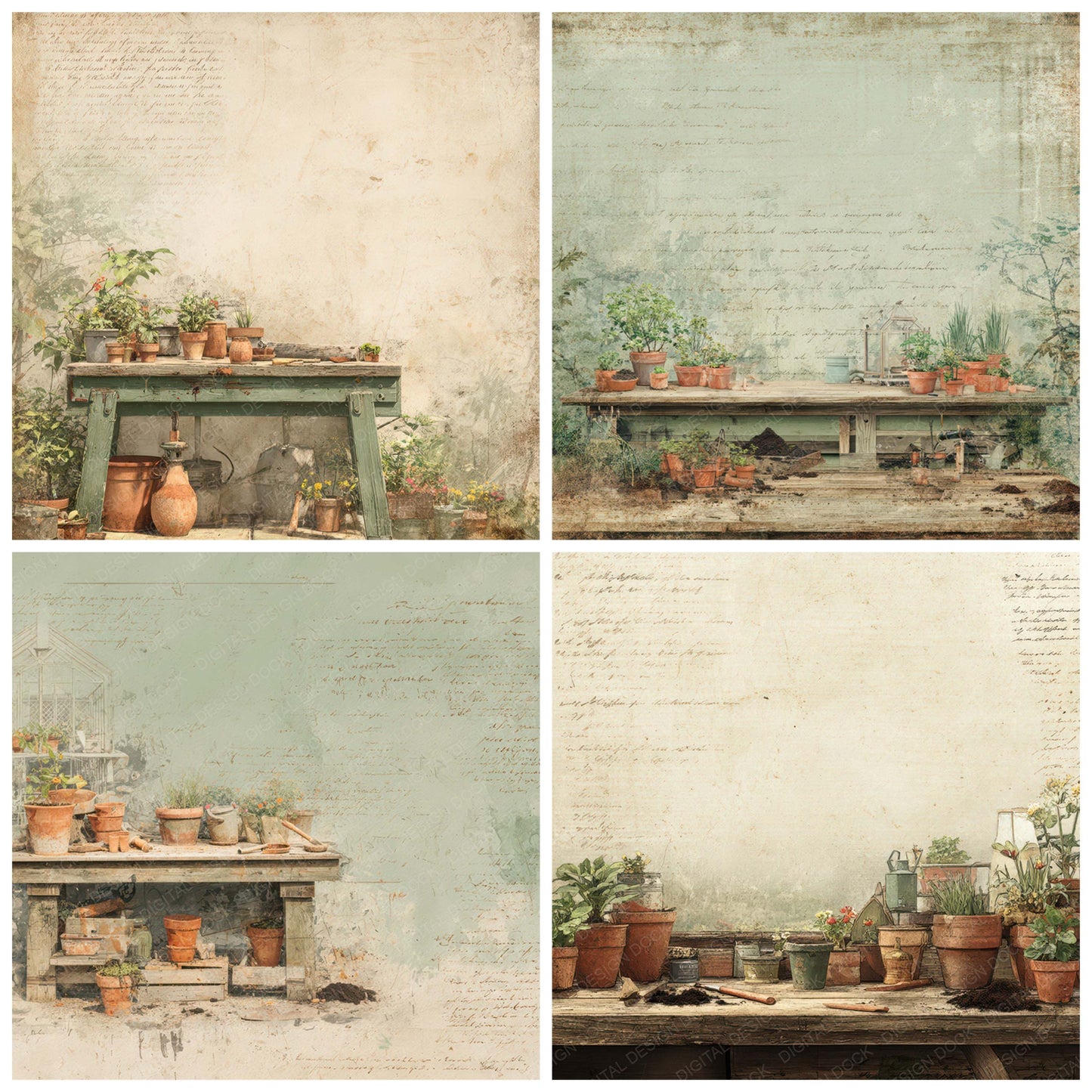 Close view of Vintage Greenhouse Potting Bench Scene background papers highlighting collage composition and cohesive colour tones