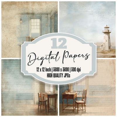 Vintage Lighthouse Keeper Room Scene digital paper pack designed for background pages in junk journaling and paper craft projects