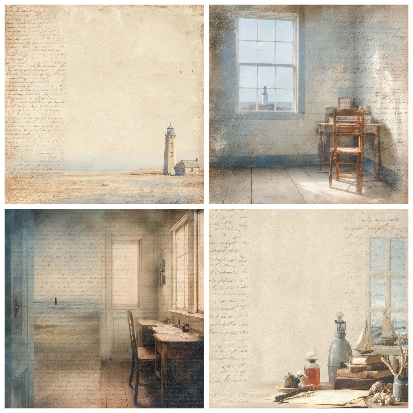 Preview layout showing Vintage Lighthouse Keeper Room Scene papers arranged as background pages for junk journals and mixed media crafts