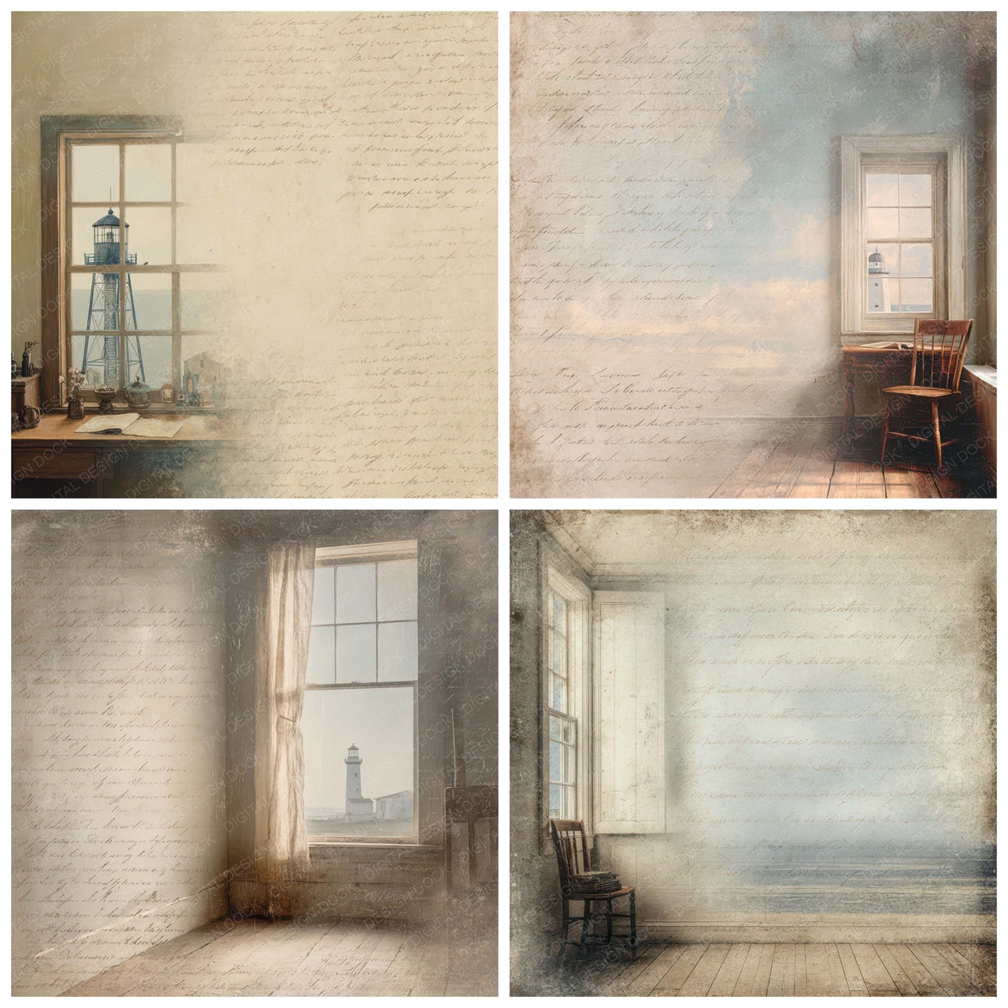 Close view of Vintage Lighthouse Keeper Room Scene background papers highlighting collage composition and cohesive colour tones