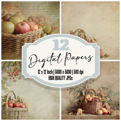Vintage Orchard Harvest Basket Scene digital paper pack designed for background pages in junk journaling and paper craft projects