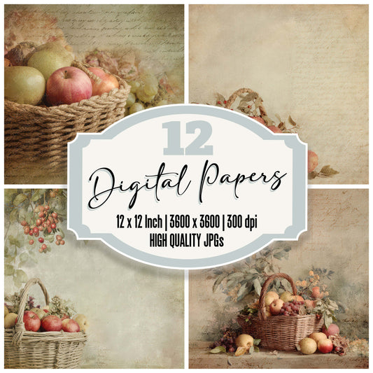 Vintage Orchard Harvest Basket Scene digital paper pack designed for background pages in junk journaling and paper craft projects