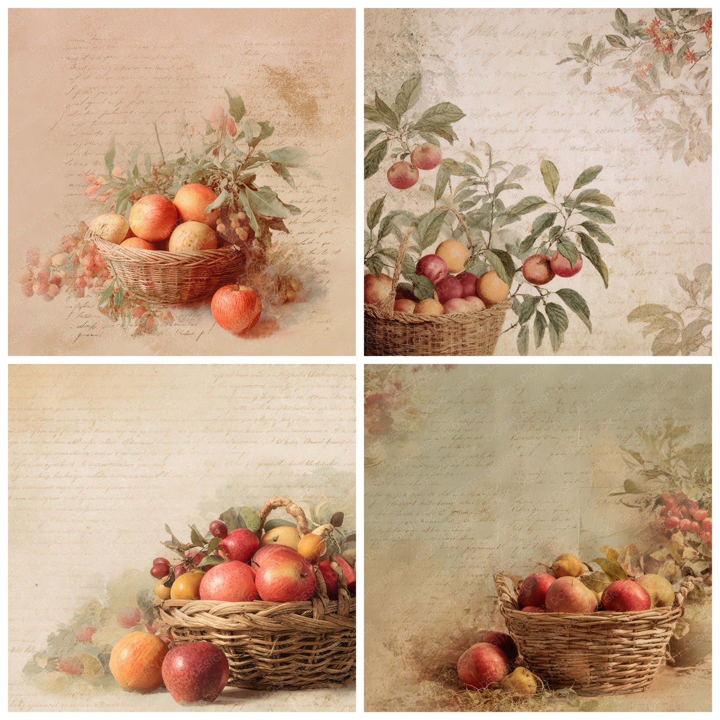 Preview layout showing Vintage Orchard Harvest Basket Scene papers arranged as background pages for junk journals and mixed media crafts
