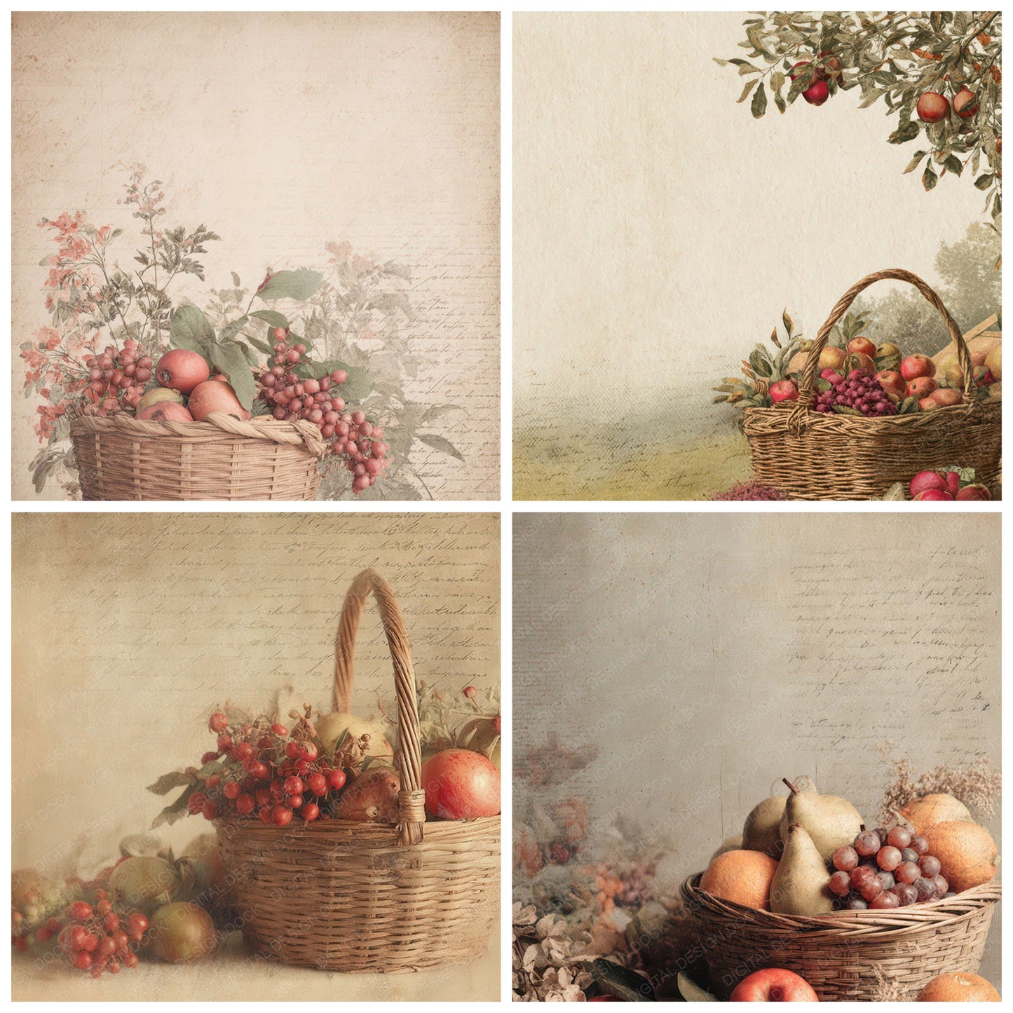 Close view of Vintage Orchard Harvest Basket Scene background papers highlighting collage composition and cohesive colour tones