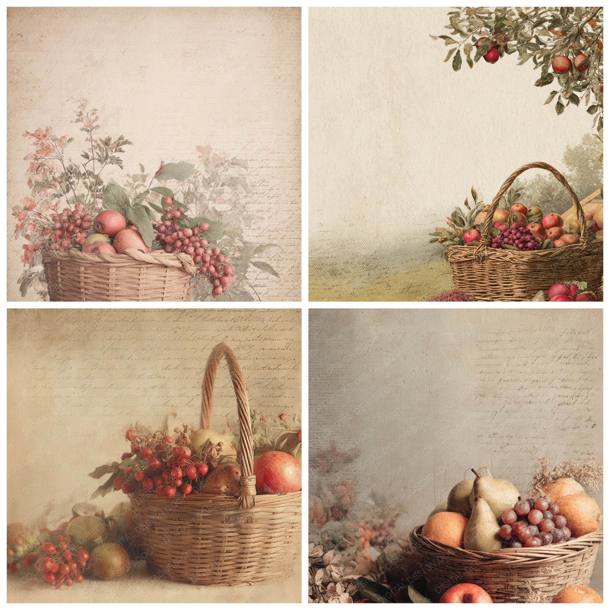Close view of Vintage Orchard Harvest Basket Scene background papers highlighting collage composition and cohesive colour tones