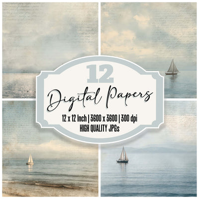 Vintage Sailboat Horizon Scene digital paper pack designed for background pages in junk journaling and paper craft projects