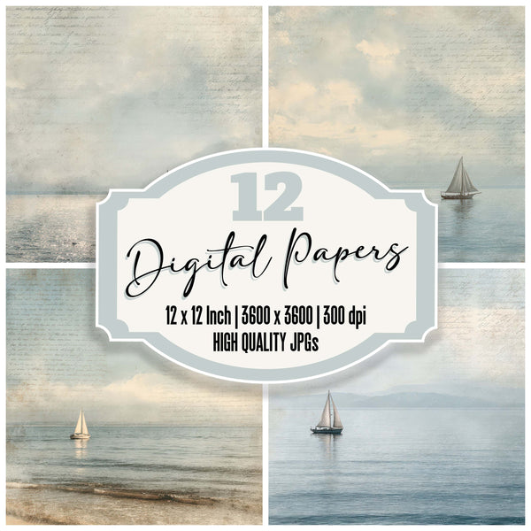 Vintage Sailboat Horizon Scene digital paper pack designed for background pages in junk journaling and paper craft projects