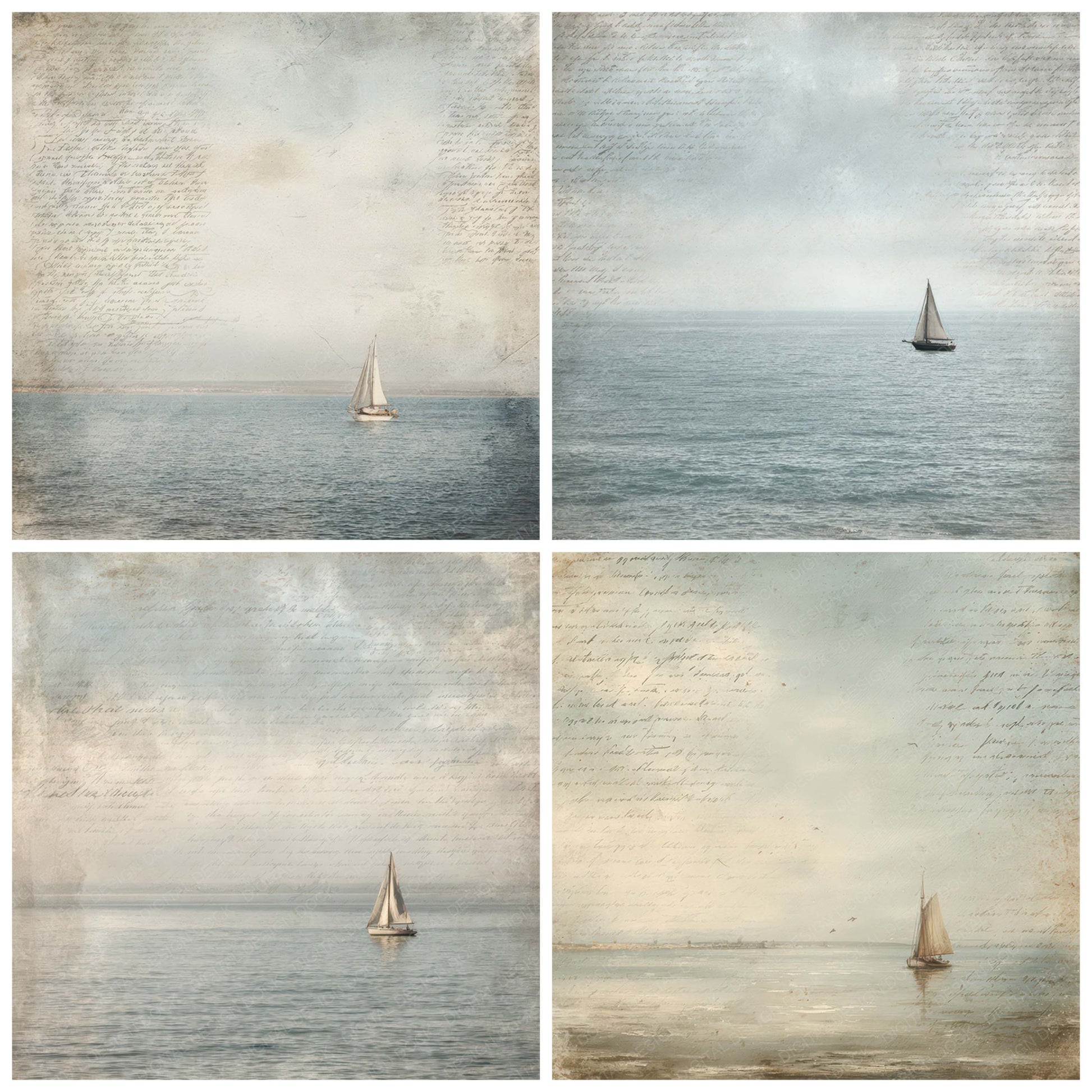 Preview layout showing Vintage Sailboat Horizon Scene papers arranged as background pages for junk journals and mixed media crafts