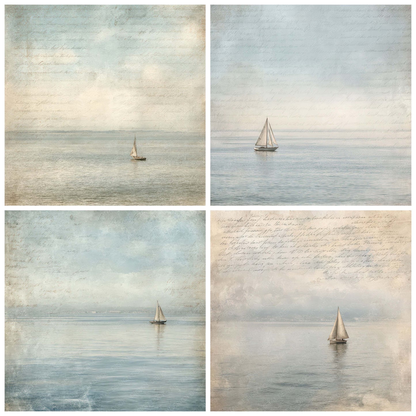 Close view of Vintage Sailboat Horizon Scene background papers highlighting collage composition and cohesive colour tones