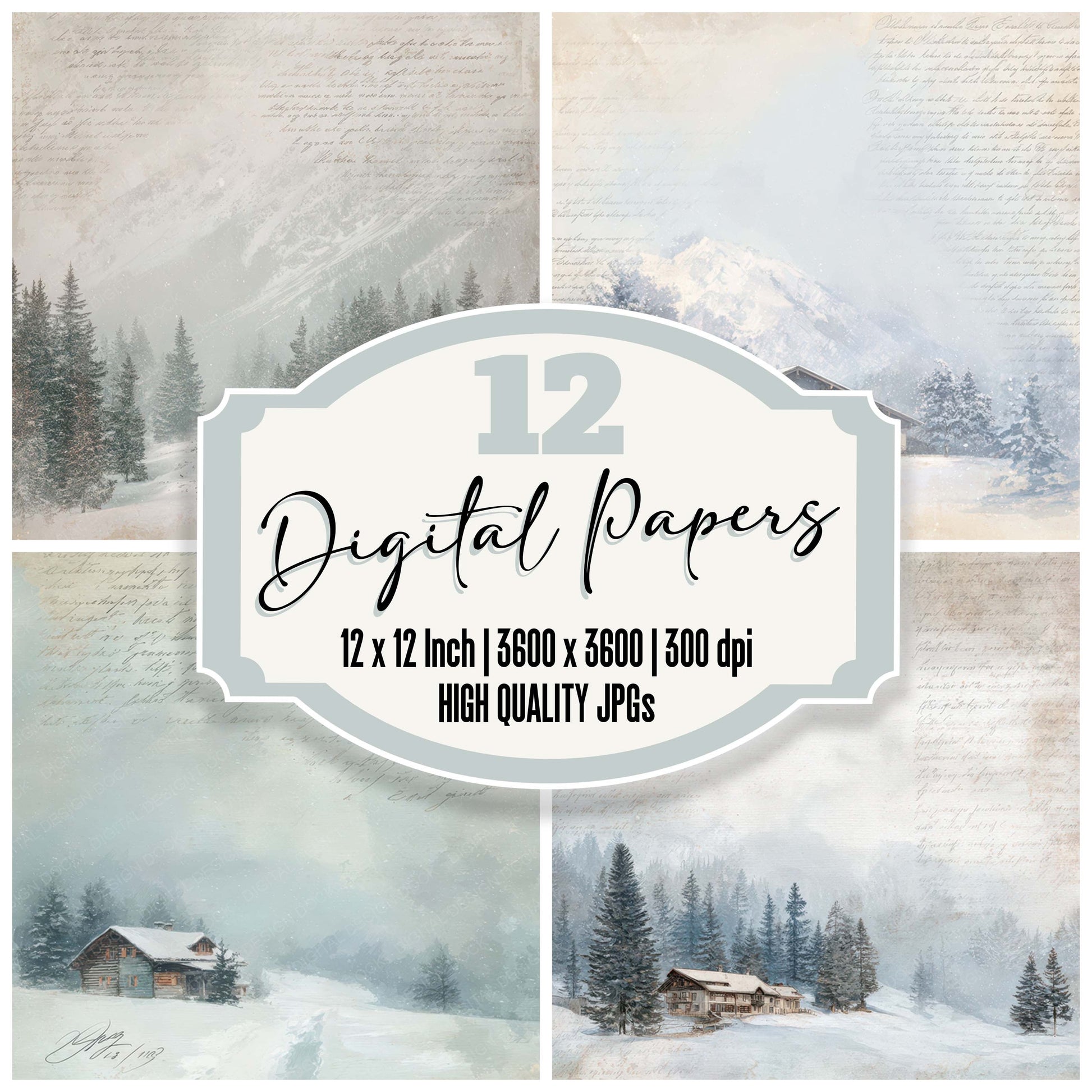 Vintage Ski Lodge Scene digital paper pack designed for background pages in junk journaling and paper craft projects