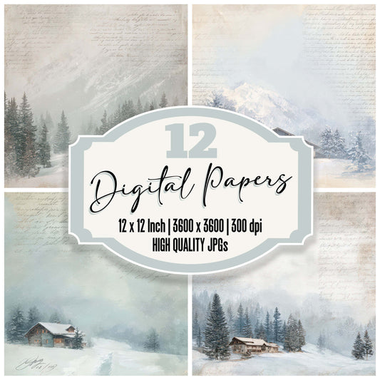 Vintage Ski Lodge Scene digital paper pack designed for background pages in junk journaling and paper craft projects