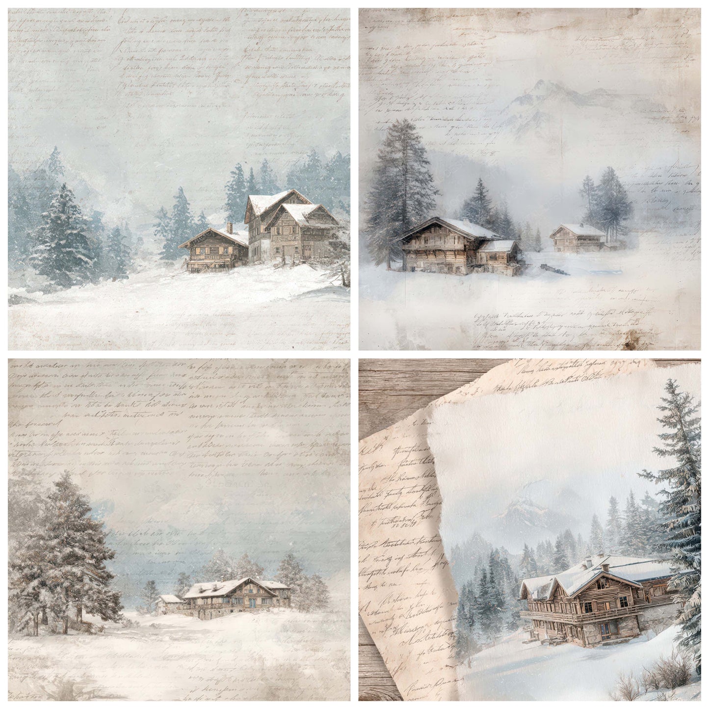 Preview layout showing Vintage Ski Lodge Scene papers arranged as background pages for junk journals and mixed media crafts