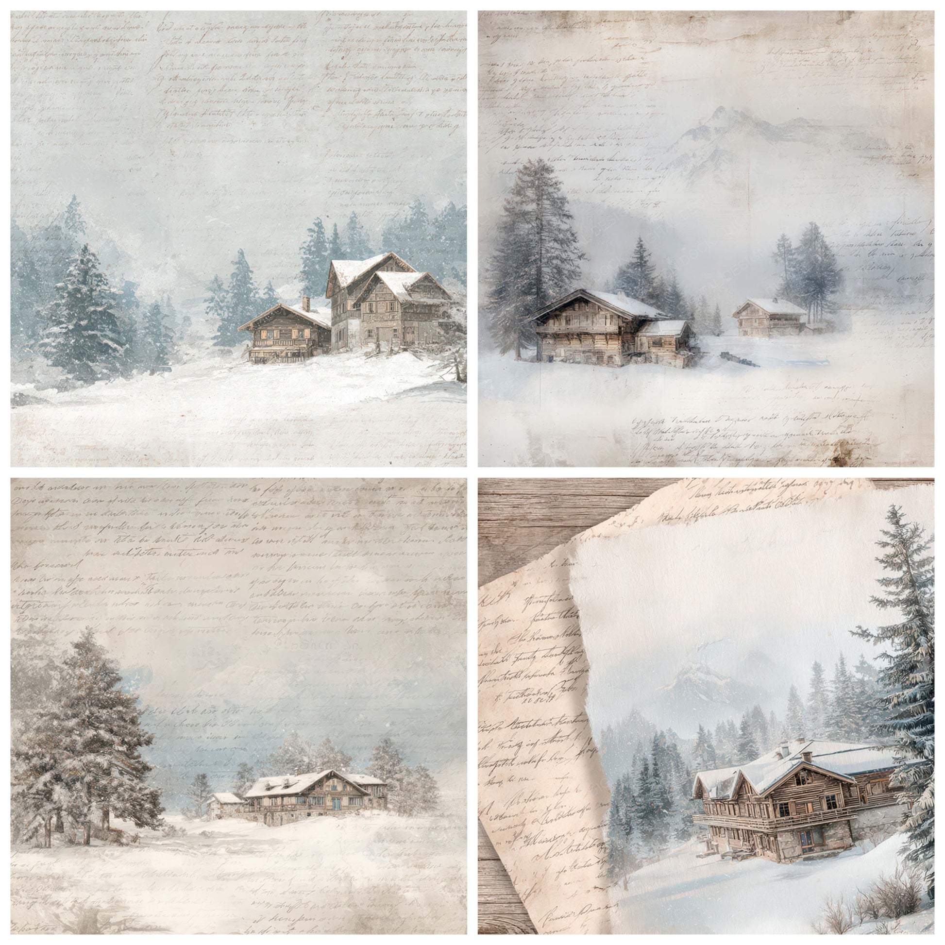 Preview layout showing Vintage Ski Lodge Scene papers arranged as background pages for junk journals and mixed media crafts
