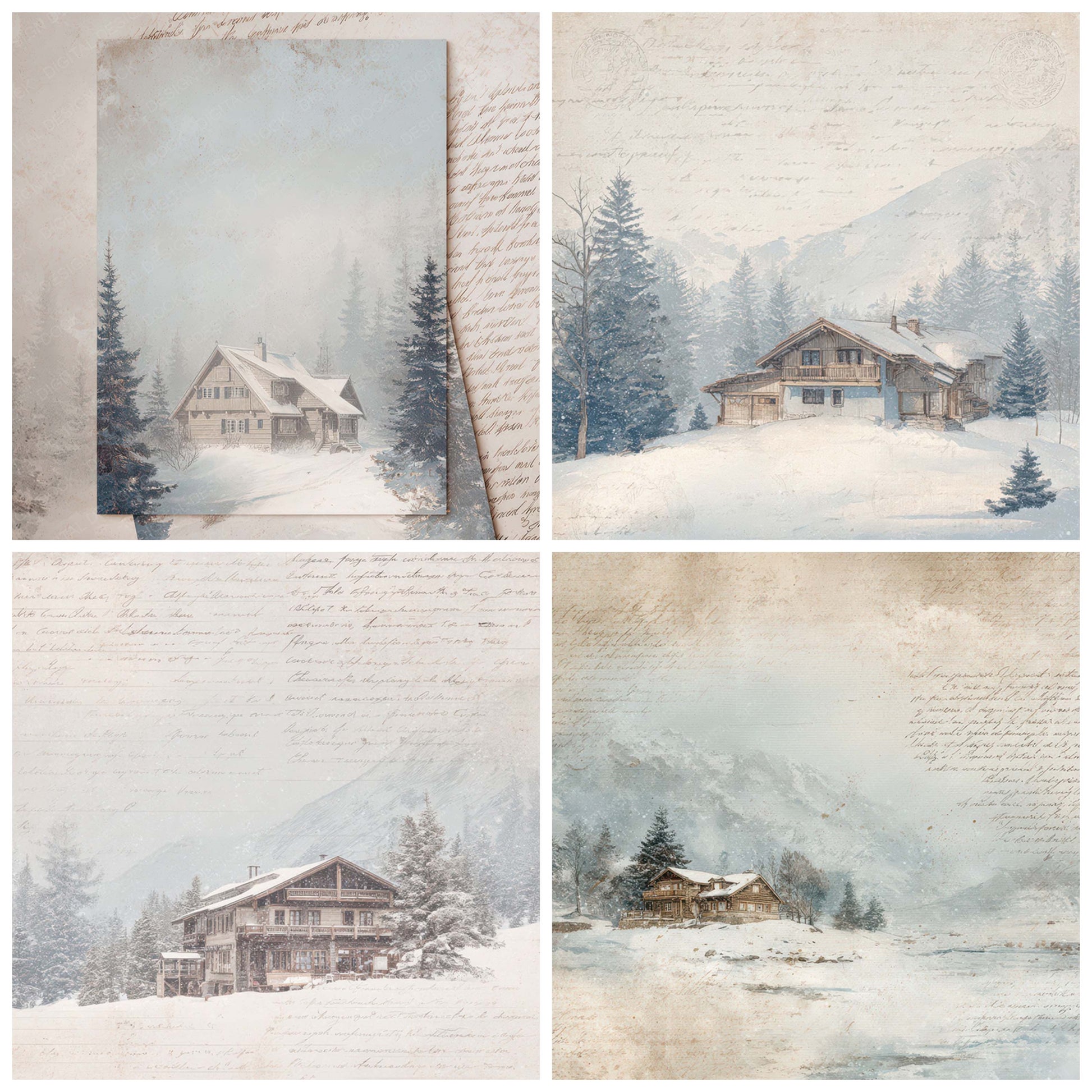 Close view of Vintage Ski Lodge Scene background papers highlighting collage composition and cohesive colour tones