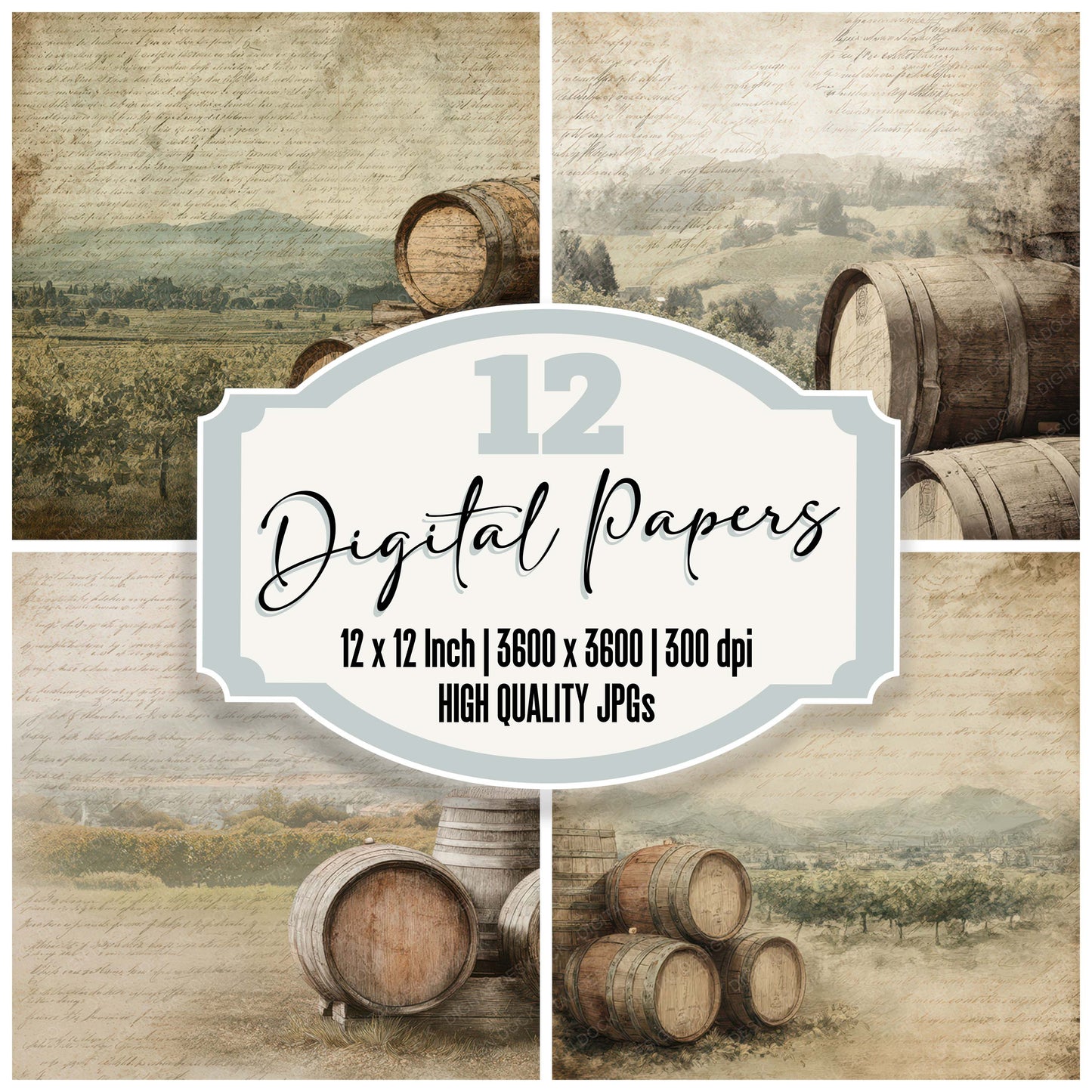 Vintage Vineyard Barrel Scene digital paper pack designed for background pages in junk journaling and paper craft projects