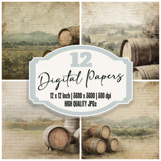 Vintage Vineyard Barrel Scene digital paper pack designed for background pages in junk journaling and paper craft projects