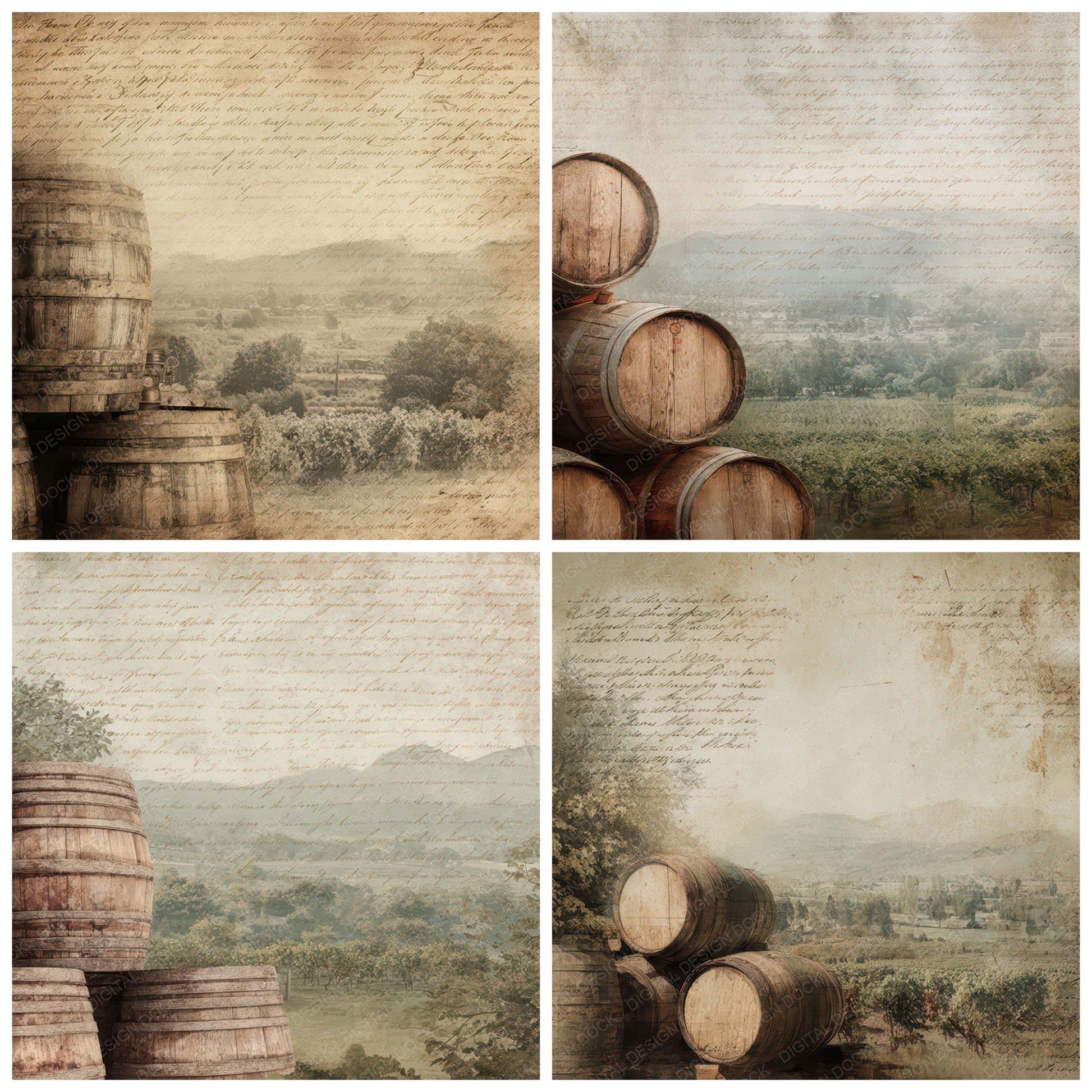 Preview layout showing Vintage Vineyard Barrel Scene papers arranged as background pages for junk journals and mixed media crafts
