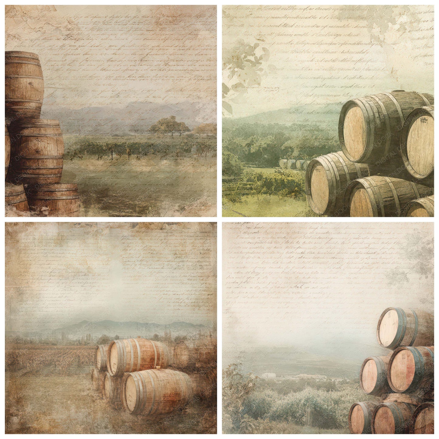 Close view of Vintage Vineyard Barrel Scene background papers highlighting collage composition and cohesive colour tones