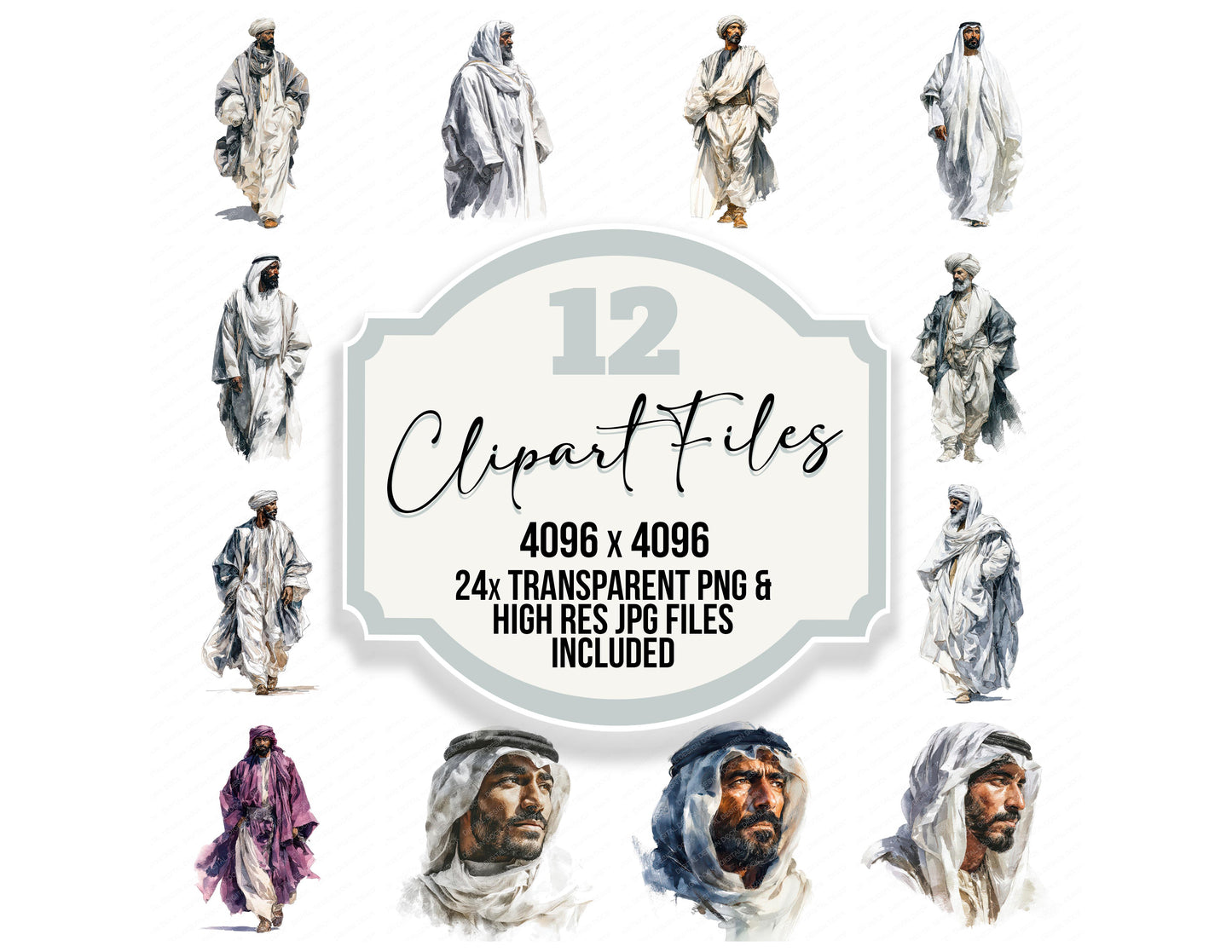 Arabian Man in Thobe clipart set with transparent PNGs and high resolution JPGs for crafting and design projects