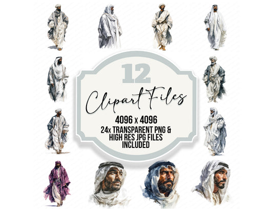 Arabian Man in Thobe clipart set with transparent PNGs and high resolution JPGs for crafting and design projects
