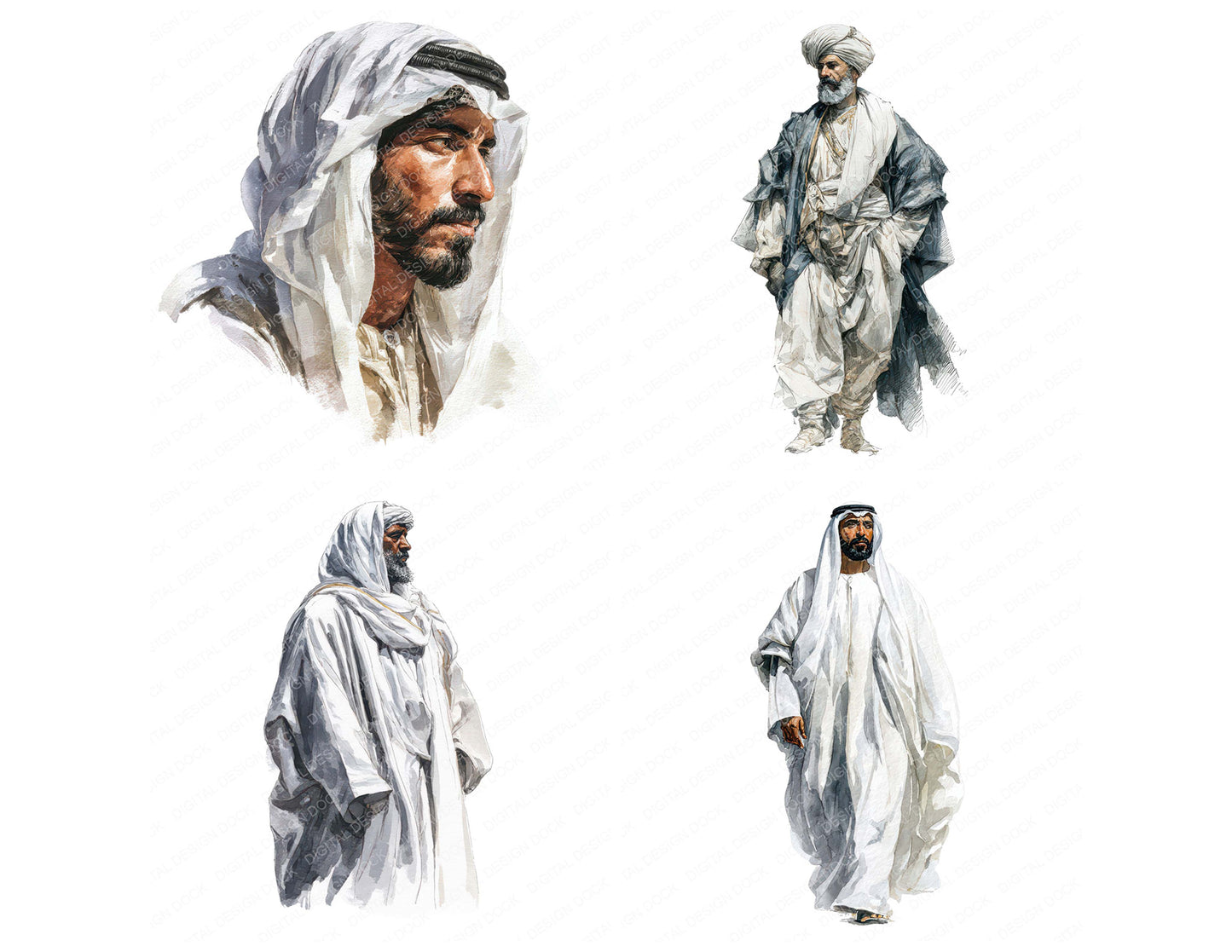 Close view of Arabian Man in Thobe clipart highlighting illustration detail and cohesive colour tones
