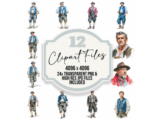 Bavarian Man in Lederhosen clipart set with transparent PNGs and high resolution JPGs for crafting and design projects