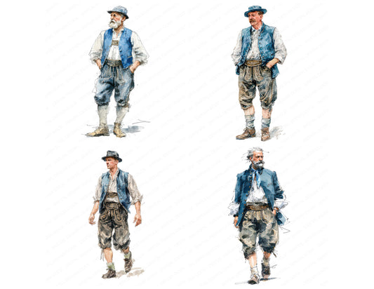 Preview layout showing Bavarian Man in Lederhosen clipart elements for scrapbooking, junk journals, and card making