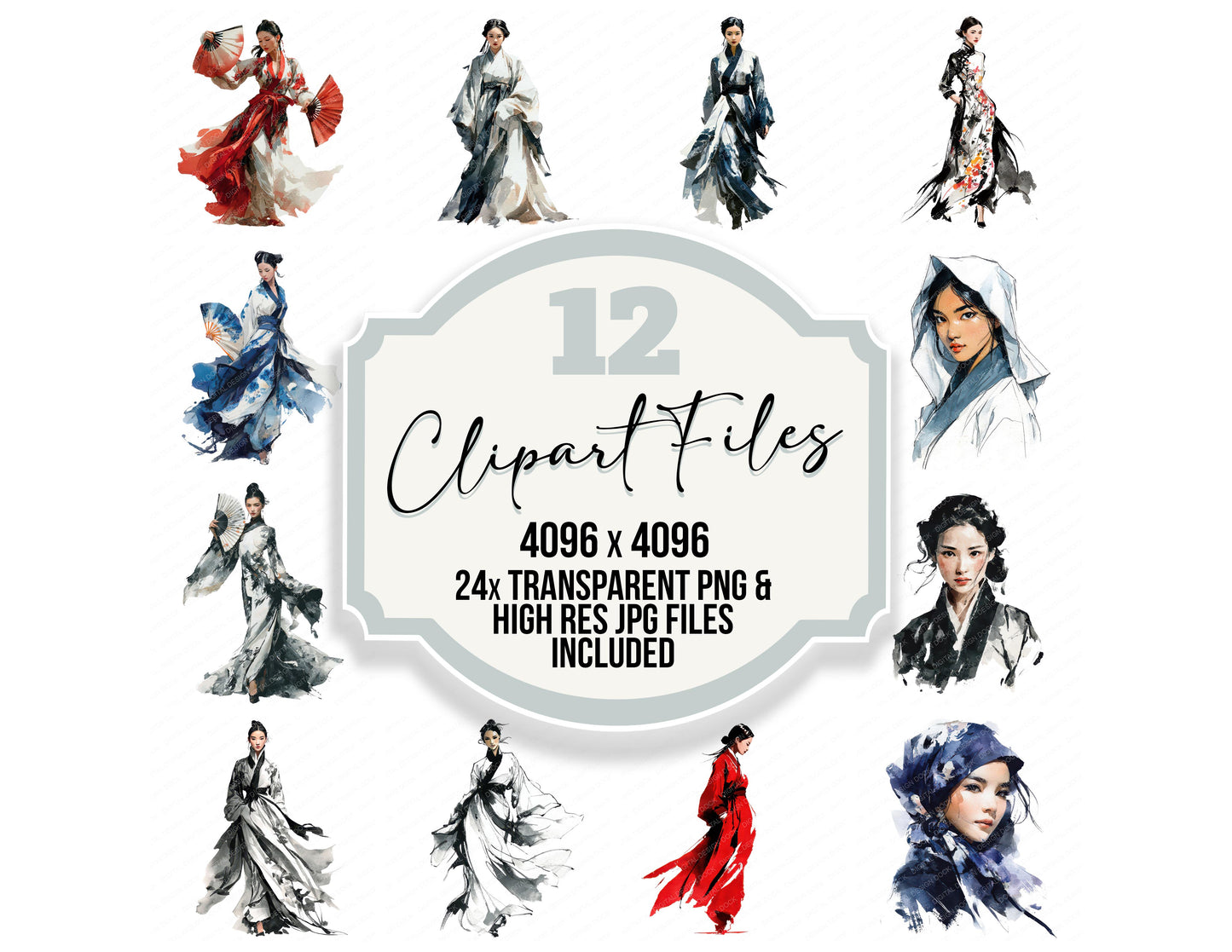 Chinese Woman in Hanfu clipart set with transparent PNGs and high resolution JPGs for crafting and design projects